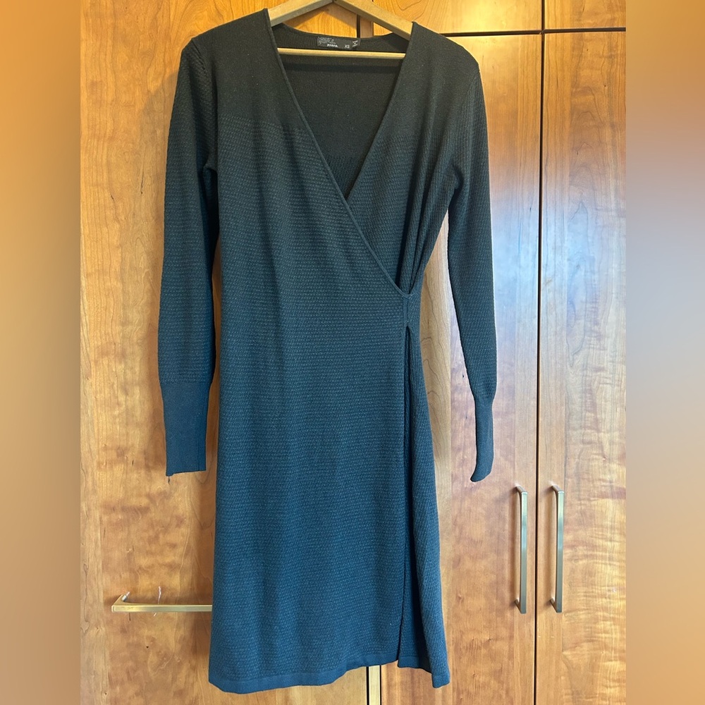 Prana long-sleeve waffle print tencel wool sweater wrap dress XS olive/brown